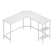 Maple white L shaped corner desk with a white steel frame and two storage shelves