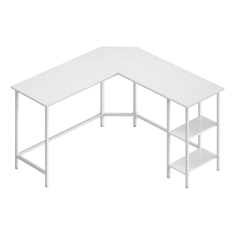Maple white L shaped corner desk with a white steel frame and two storage shelves