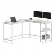 The corner desk set up with a laptop and two monitors on a white background