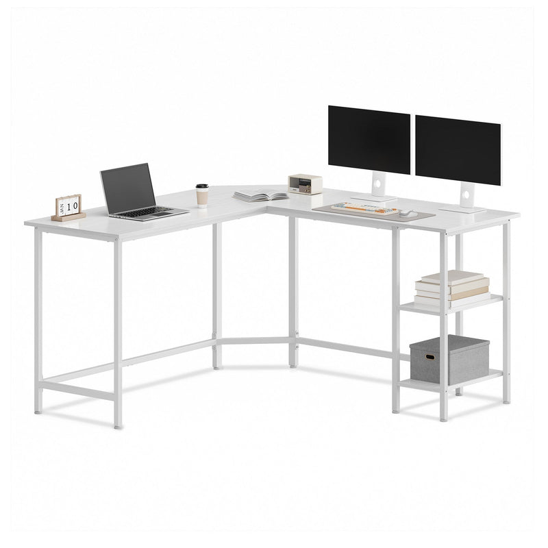 The corner desk set up with a laptop and two monitors on a white background