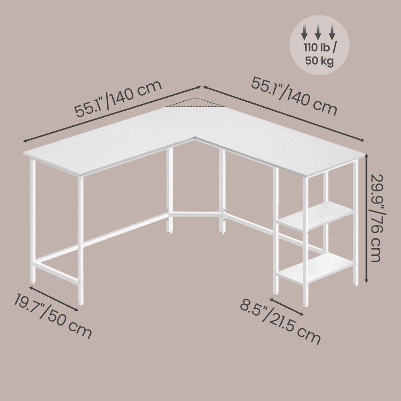 Dimension diagram showing the desk at 140 x 140 cm, 76 cm high and 50 cm deep