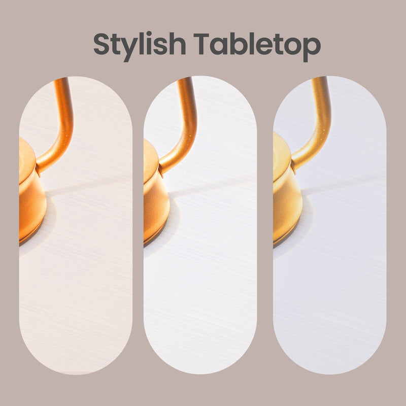 Three close-ups of the maple white woodgrain tabletop finish