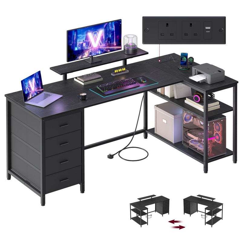 Ebony black L-shaped corner desk with 4 drawers, corner shelves, monitor stand and power strip