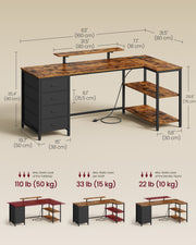 Dimensions diagram for the 160 x 80 cm rustic brown and matte black L-shaped desk with 90 cm overall height and weight limits