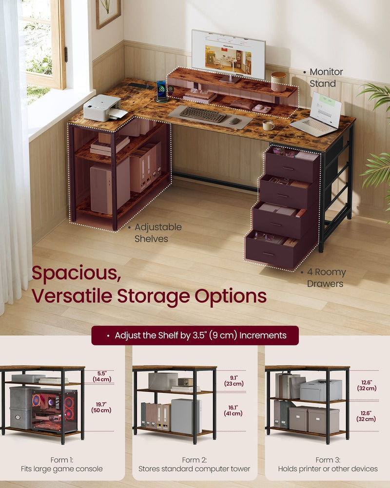 Rustic brown and matte black desk with adjustable corner shelves and drawers, showing three shelf height options