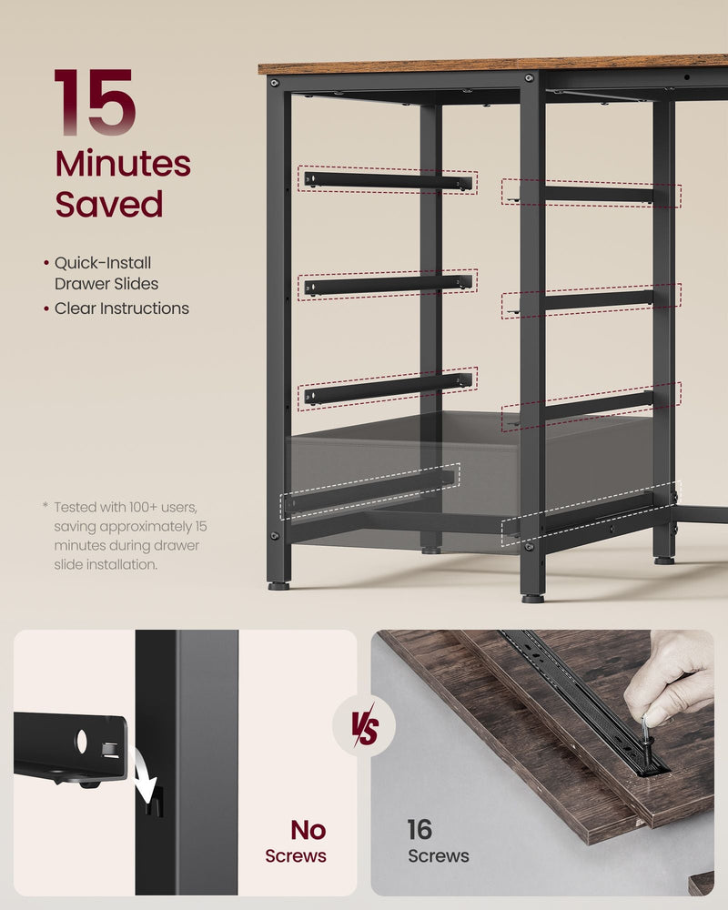 Close-up of the quick-install drawer slides on the rustic brown and matte black desk that fit without screws