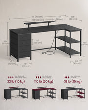 Dimensions diagram for the 160 x 80 cm ebony black L-shaped desk with 90 cm overall height and weight limits