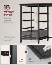 Close-up of the quick-install drawer slides on the ebony black desk that fit without screws