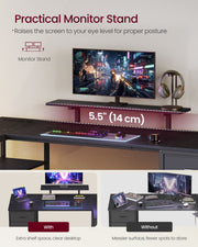 Monitor stand on the ebony black desk raising the screen 14 cm above the desktop