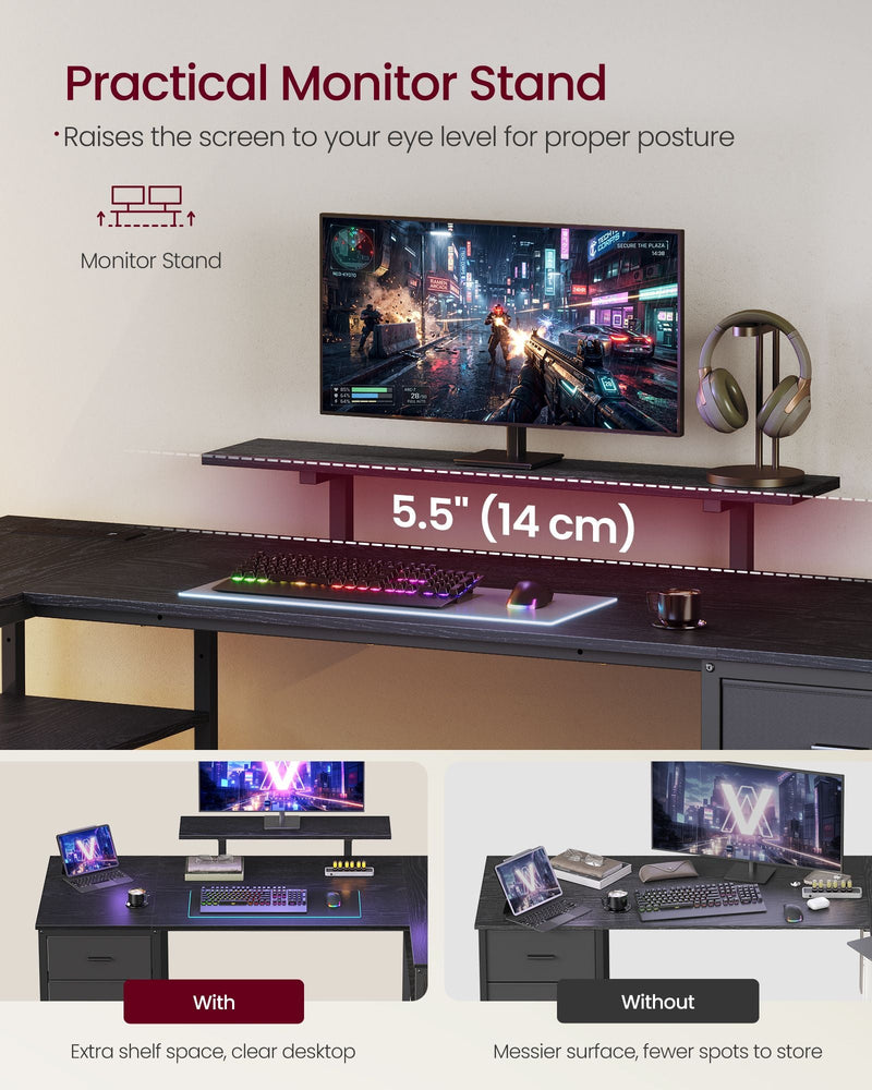 Monitor stand on the ebony black desk raising the screen 14 cm above the desktop