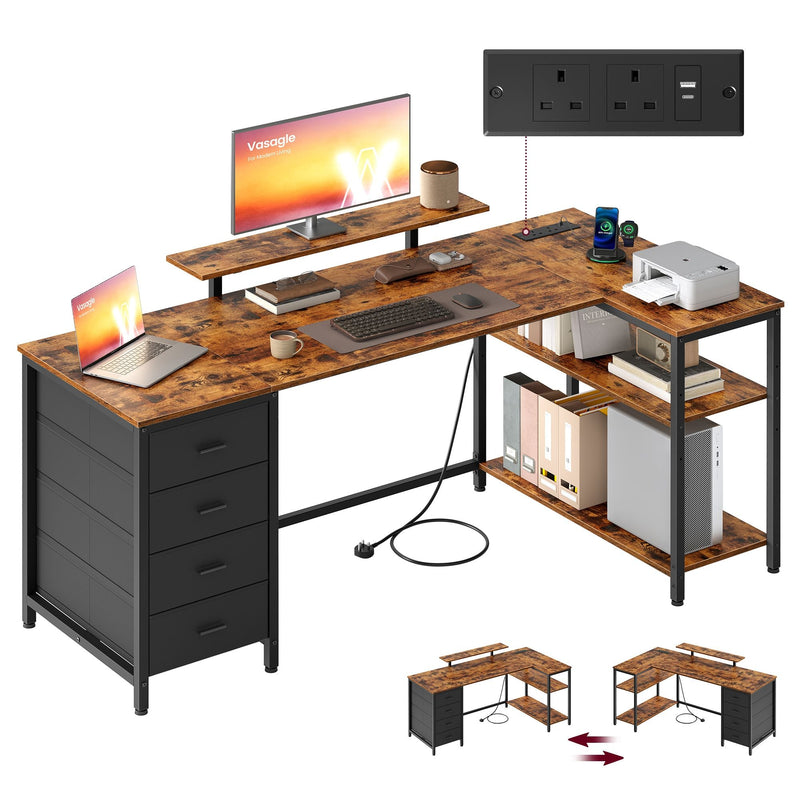 Rustic brown and matte black L-shaped corner desk with 4 drawers, corner shelves, monitor stand and power strip