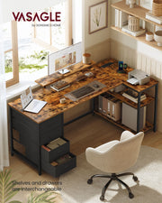 Rustic brown and matte black L-shaped desk in a room setup with a monitor on the stand and two drawers pulled open