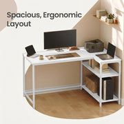 Close-up of the adjustable shelf on the white corner desk
