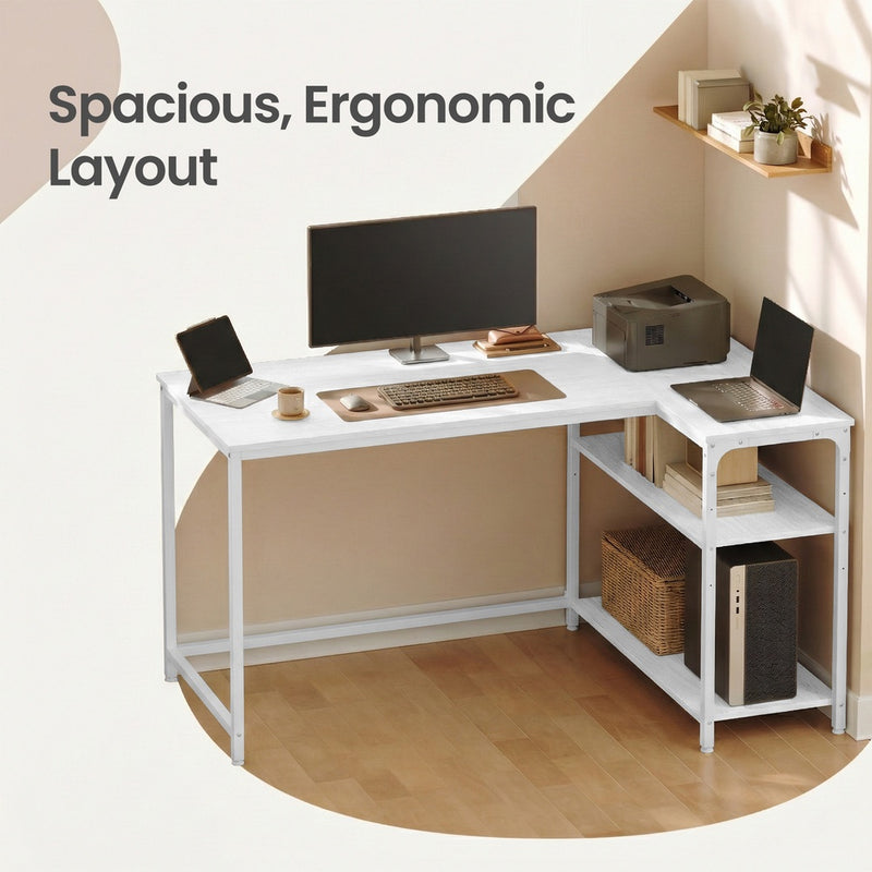Close-up of the adjustable shelf on the white corner desk