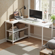 Steel frame detail on the white L-shaped desk
