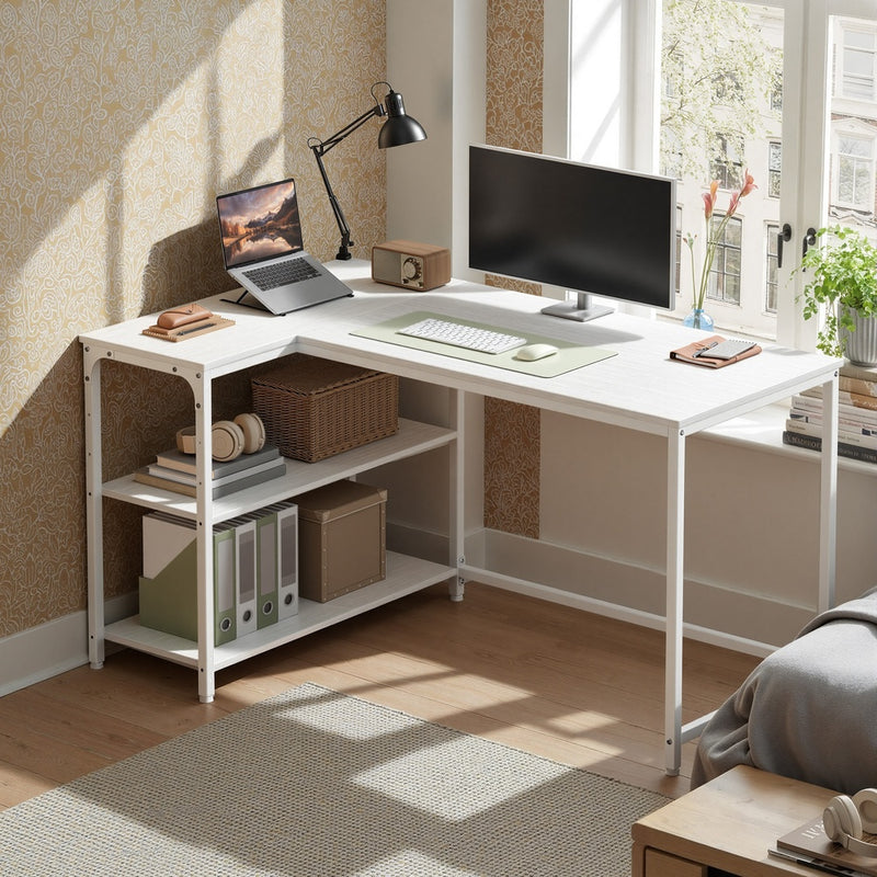 Steel frame detail on the white L-shaped desk