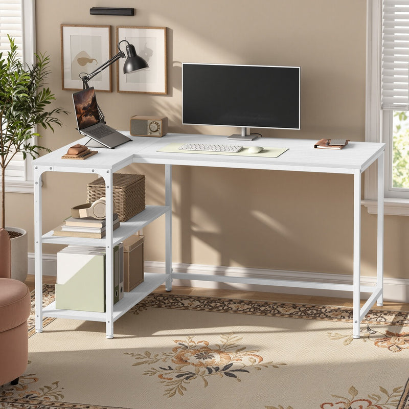 Dimensions diagram for the white L-shaped corner desk