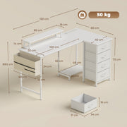 Dimension diagram showing 150 x 80 x 89.5 cm desk with drawer and shelf sizes