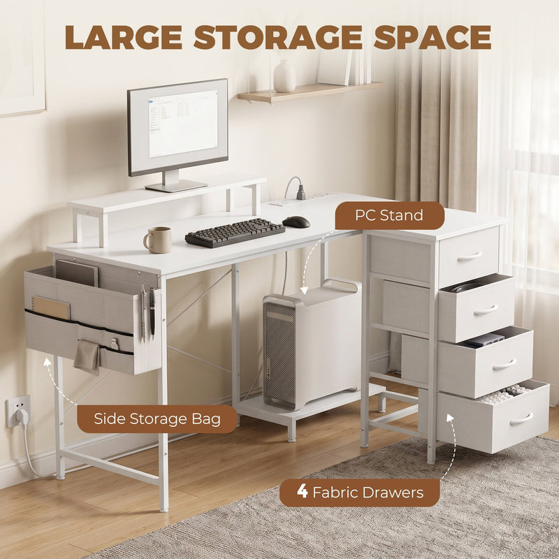 Desk styled with a monitor and PC tower showing storage drawers and side pocket