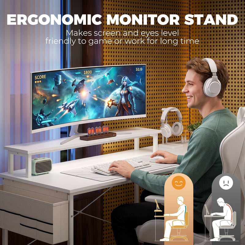 Close-up of the raised monitor shelf and PC stand storage area