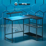 Dimensions diagram of the L shaped gaming desk showing 114.5 x 82 x 91.5 cm and 80 kg capacity