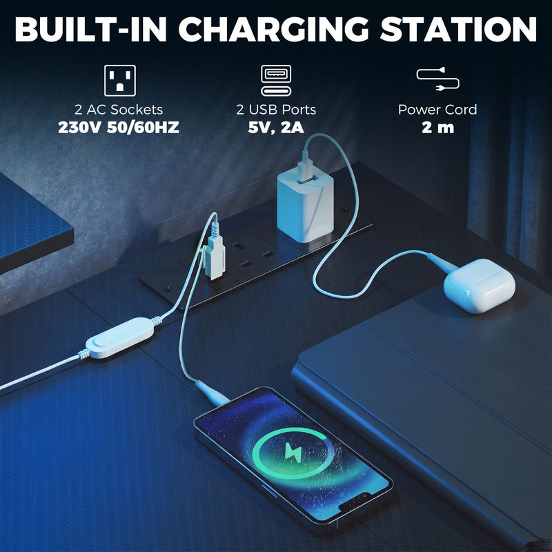 Built-in charging station close-up with two AC sockets, USB ports and 2 m power cord