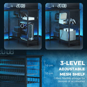 Three-level adjustable mesh shelf holding a gaming PC and consoles