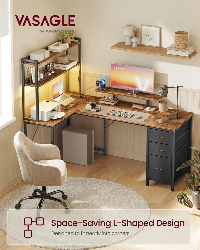 Vasagle L-shaped desk set in a room corner with monitor, chair and wall shelf