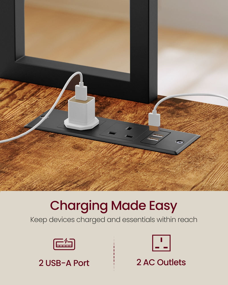 Built-in power strip on the desktop with 2 AC outlets and 2 USB-A ports in use