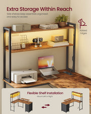 Two-tier shelf unit with LED strip holding books and a printer, with left or right installation diagram