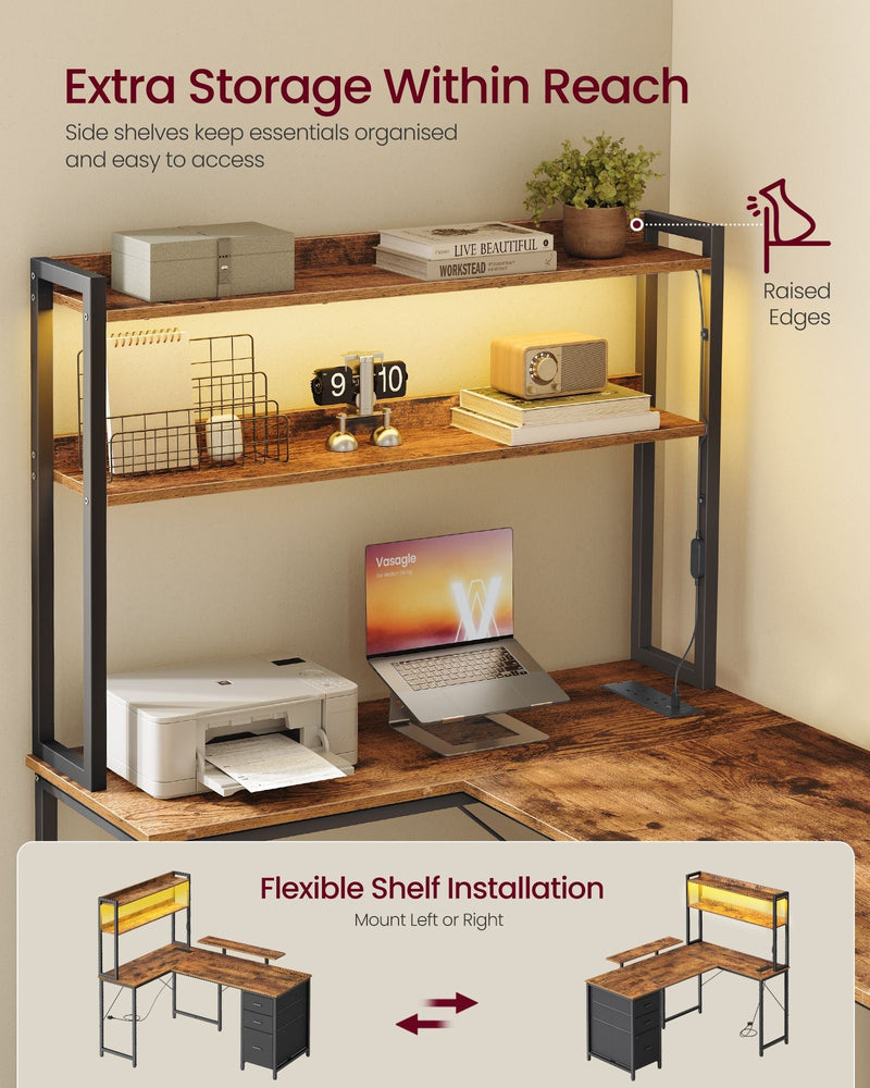 Two-tier shelf unit with LED strip holding books and a printer, with left or right installation diagram