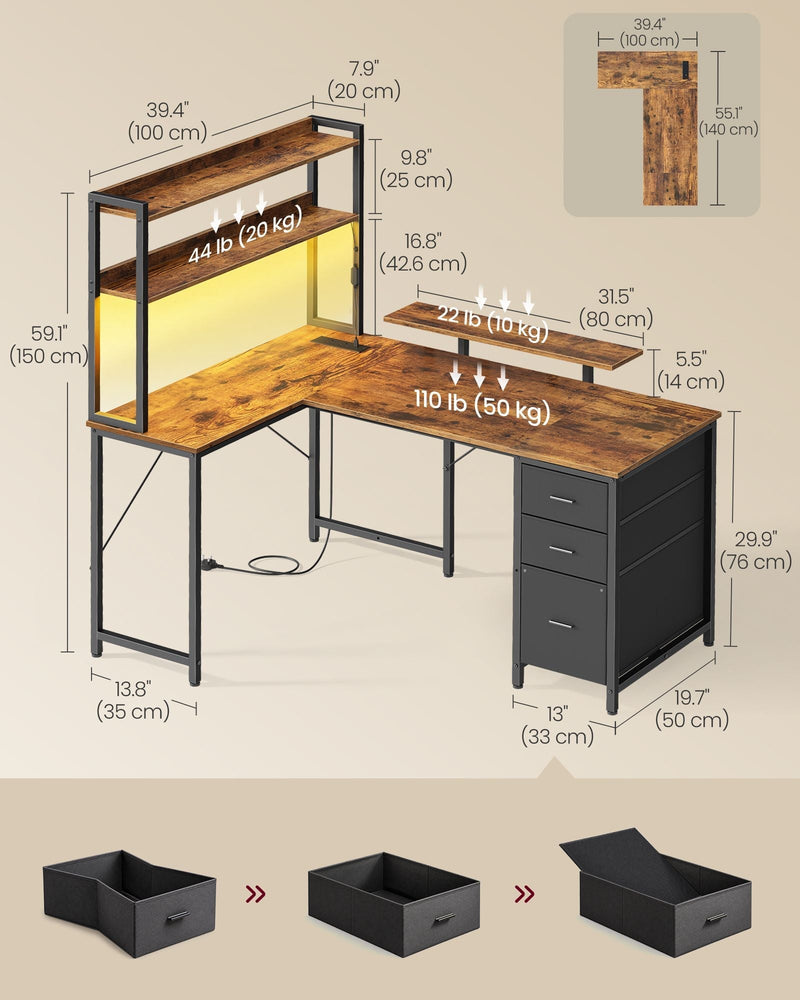 Dimensions diagram of the L-shaped desk: 140 x 100 cm layout, 150 cm height and weight limits