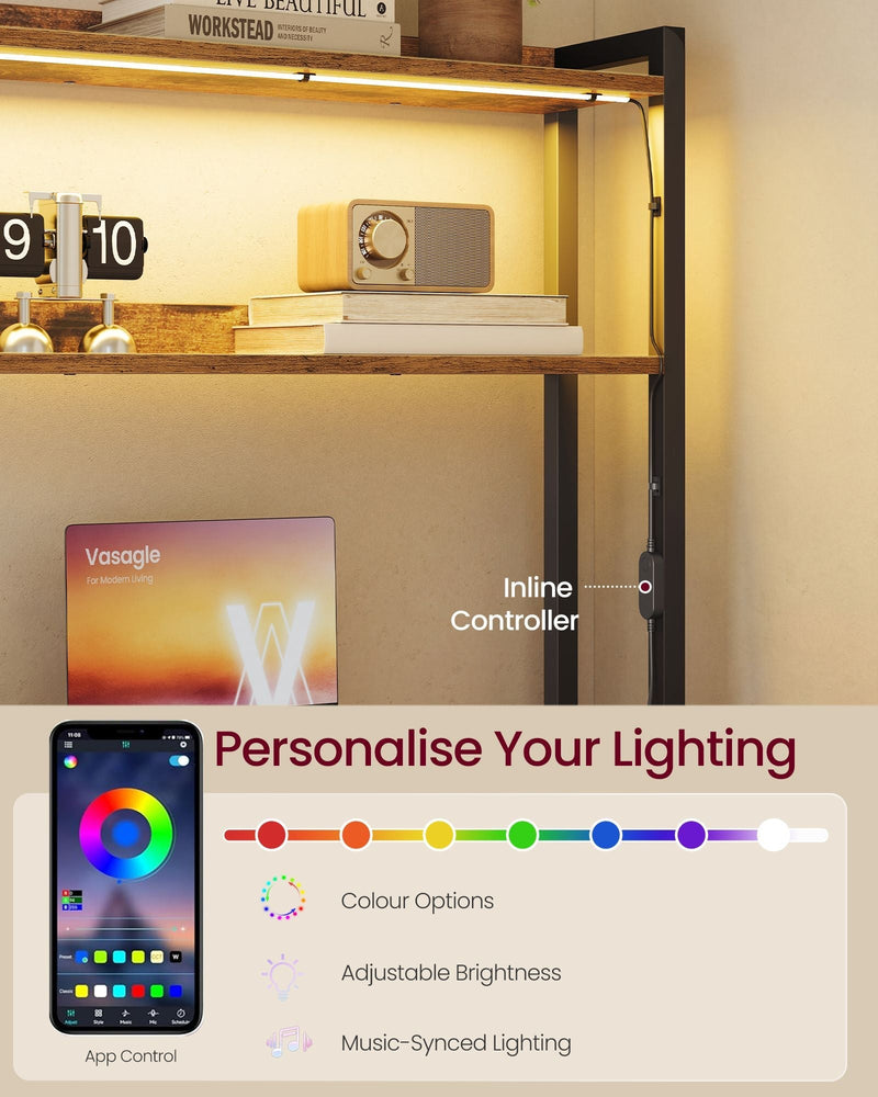 Glowing LED shelf strip with inline controller and app screen for colour and brightness settings