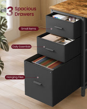 Three open fabric drawers holding small items, daily essentials and hanging files