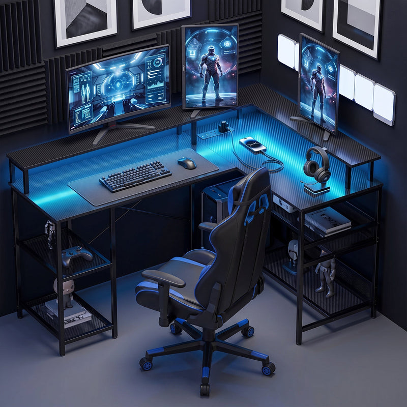L shaped gaming desk set up in a dark gaming room with three monitors and a gaming chair