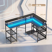 Dimension diagram of the L shaped gaming desk showing 150 cm width, 102 cm depth and 90 cm height