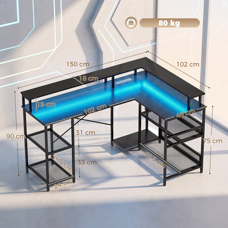 Dimension diagram of the L shaped gaming desk showing 150 cm width, 102 cm depth and 90 cm height
