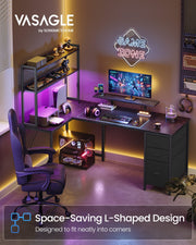 Vasagle by Songmics Home branded lifestyle photo of the desk in a purple-lit gaming room with a neon Game Zone sign
