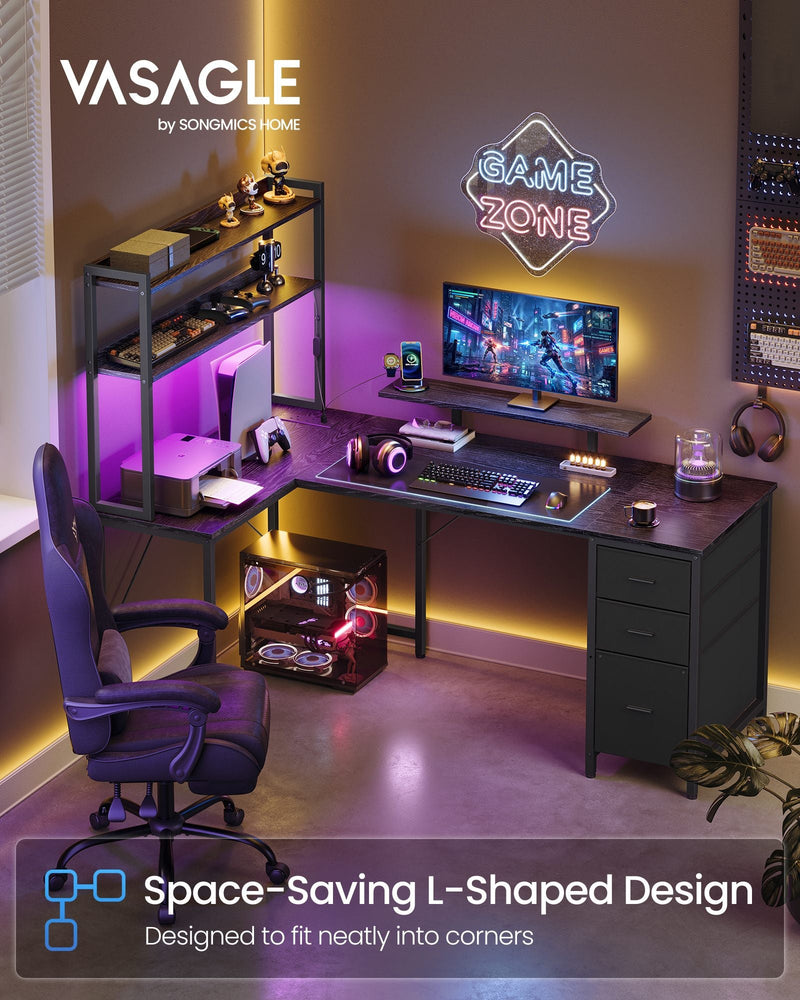 Vasagle by Songmics Home branded lifestyle photo of the desk in a purple-lit gaming room with a neon Game Zone sign