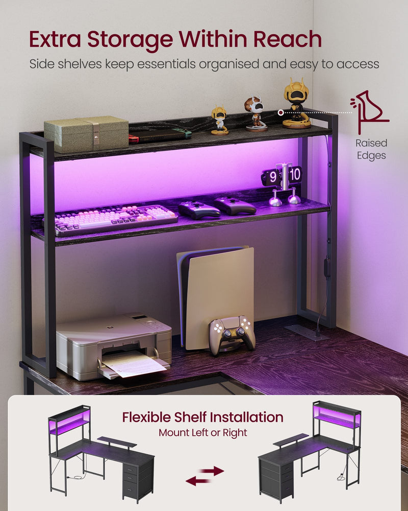 Close-up of the raised LED shelf riser with raised edges holding controllers and accessories