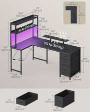Dimensions diagram showing the desk at 160 x 100 x 150 cm with drawer sizes and weight capacities