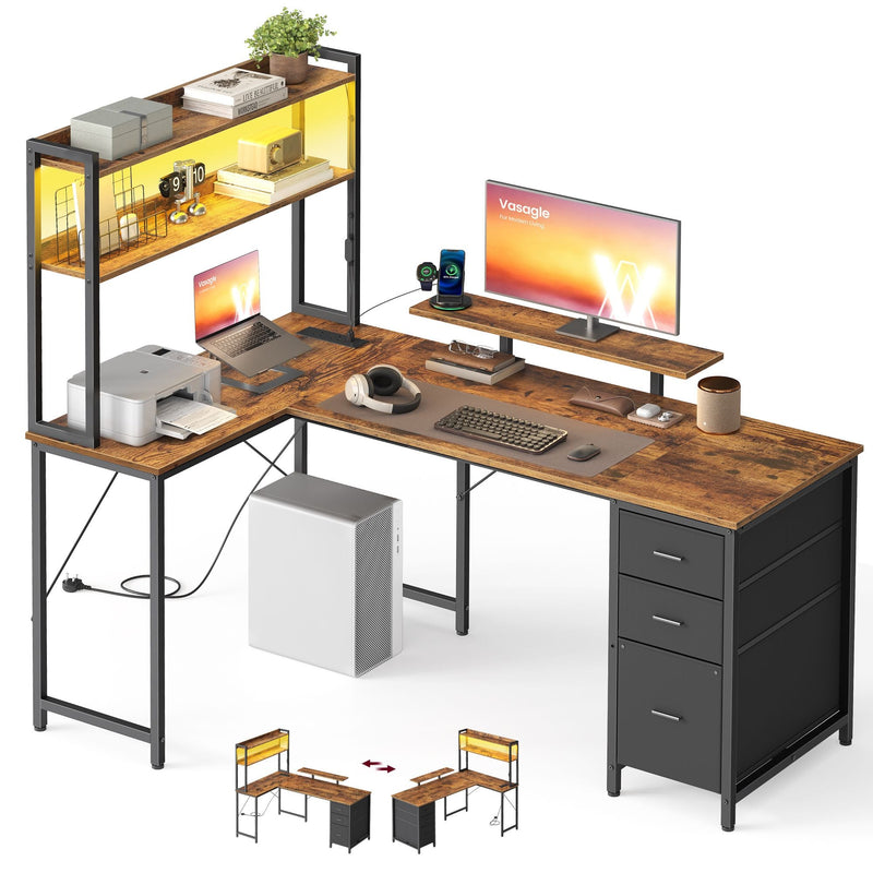 Rustic brown L-shaped gaming desk with LED shelf unit, monitor stand, 3 drawers and power strip