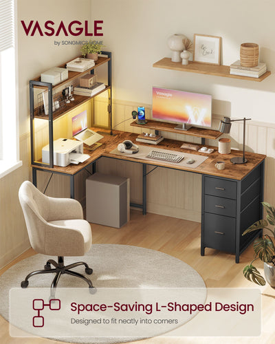 Rustic brown L-shaped desk fitted into a room corner with a lit shelf unit and monitor stand