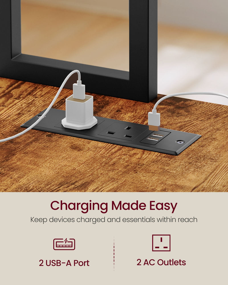 Close-up of the desktop power strip with 2 USB-A ports and 2 UK sockets on the rustic brown desk