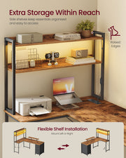 Two-tier LED shelf unit on the rustic brown desk holding books, a printer and a laptop stand