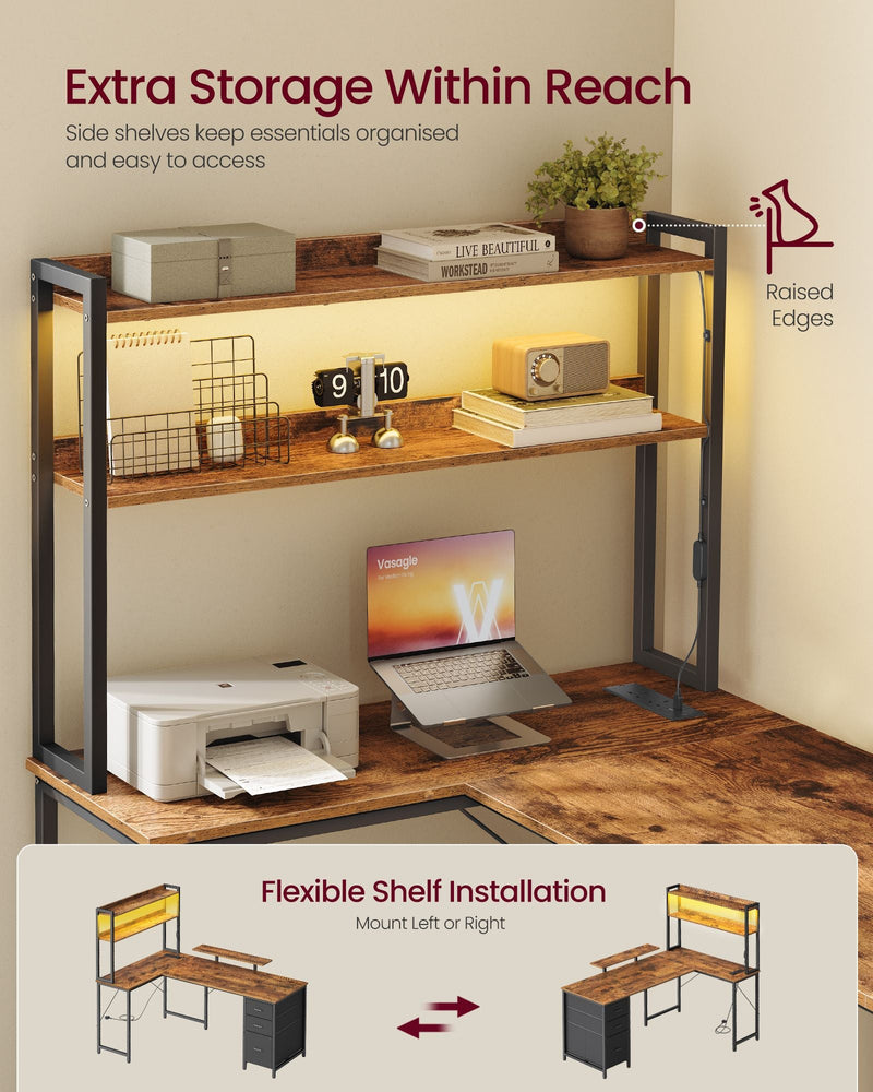 Two-tier LED shelf unit on the rustic brown desk holding books, a printer and a laptop stand