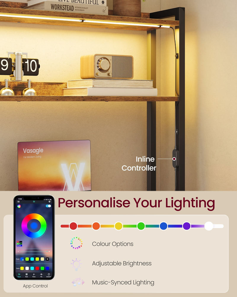 LED shelf lighting on the rustic brown desk with the phone app controls for colour and brightness