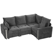 Dark grey velvet L shaped sofa with reversible corner, front view on white