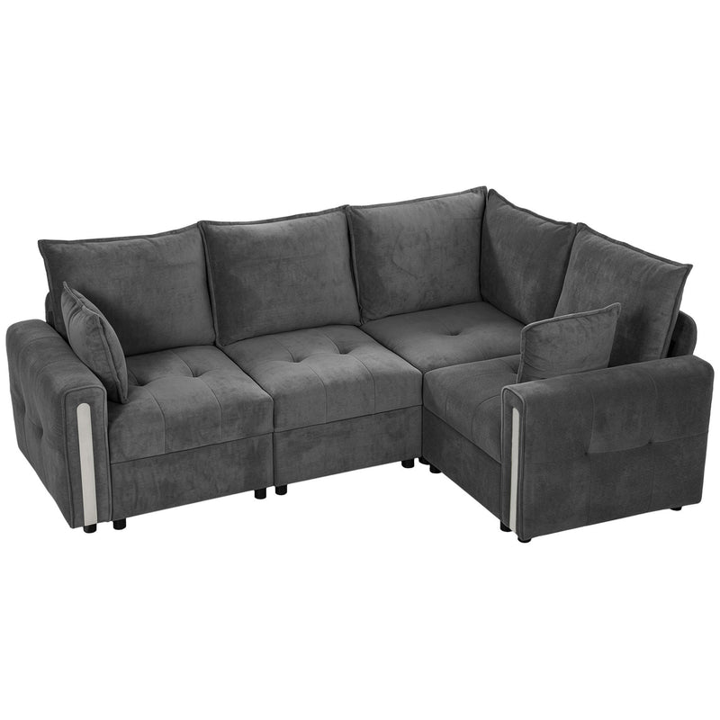 Dark grey velvet L shaped sofa with reversible corner, front view on white