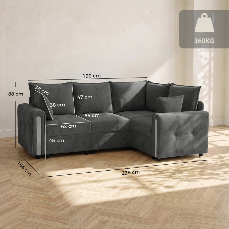 Dark grey L shaped sofa dimensions diagram showing 228 cm width, 164 cm depth and 88 cm height